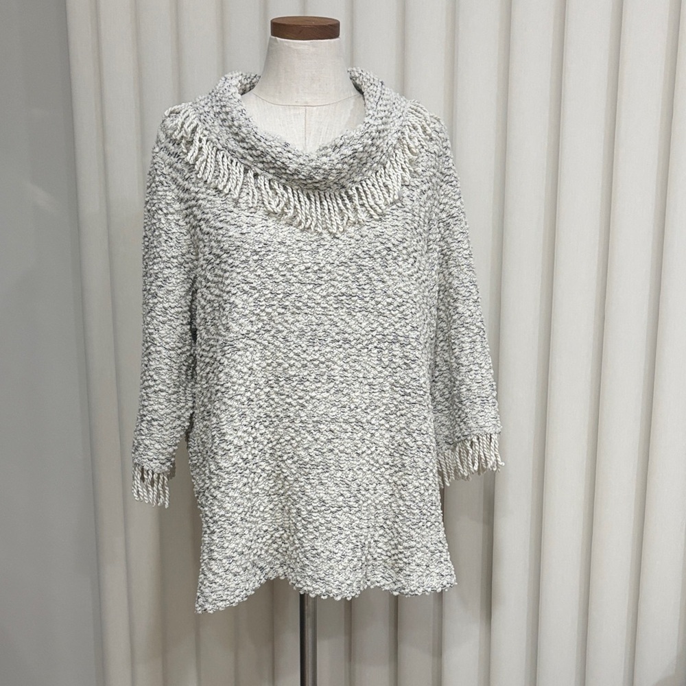 Ali Miles Women's petite cream chunky Cowl Neck tunic Sweater with fringe cotton